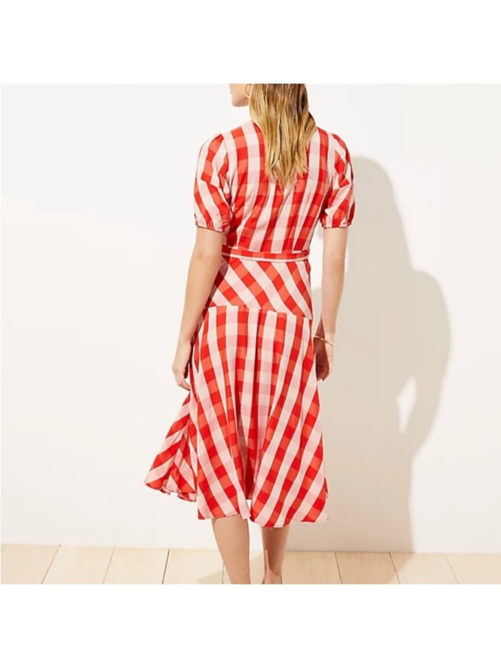 LOFT Red and Cream Gingham Midi Wrap Dress - Picture 2 of 7